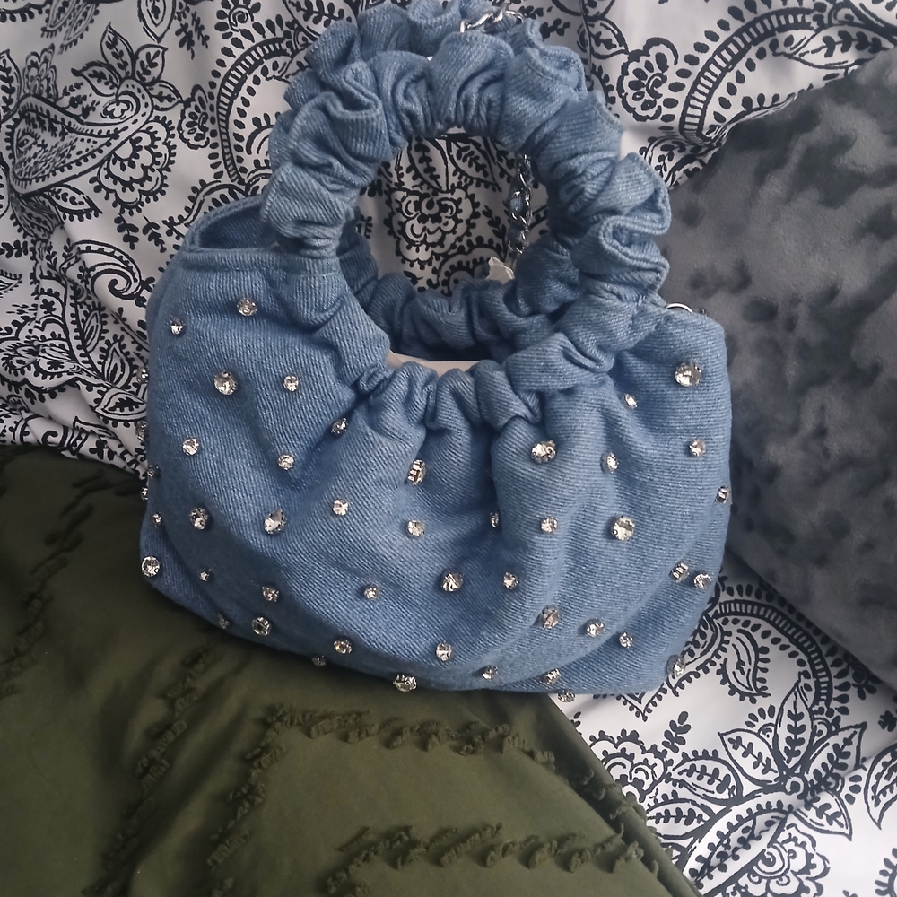 Elegant Blue Denim Mini Bag with Rhinestones